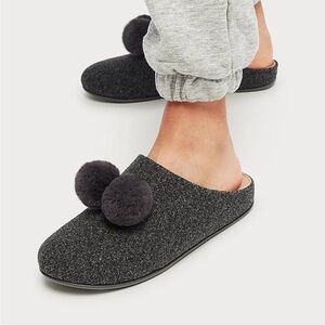 New FitFlop 6 Chrissie Pom Pom Slippers Pewter Gray